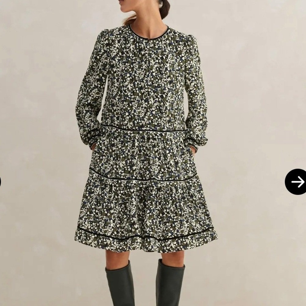 ME+EM Floral Print Tiered Mini Dress Green Black White US 12 UK 16 EU 44